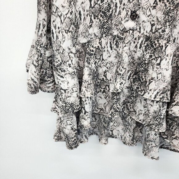 Ophelia‎ Roe Womens Snakeskin Ruffle Tunic Top Size 1X Bell Sleeve Pink Black - Picture 3 of 13